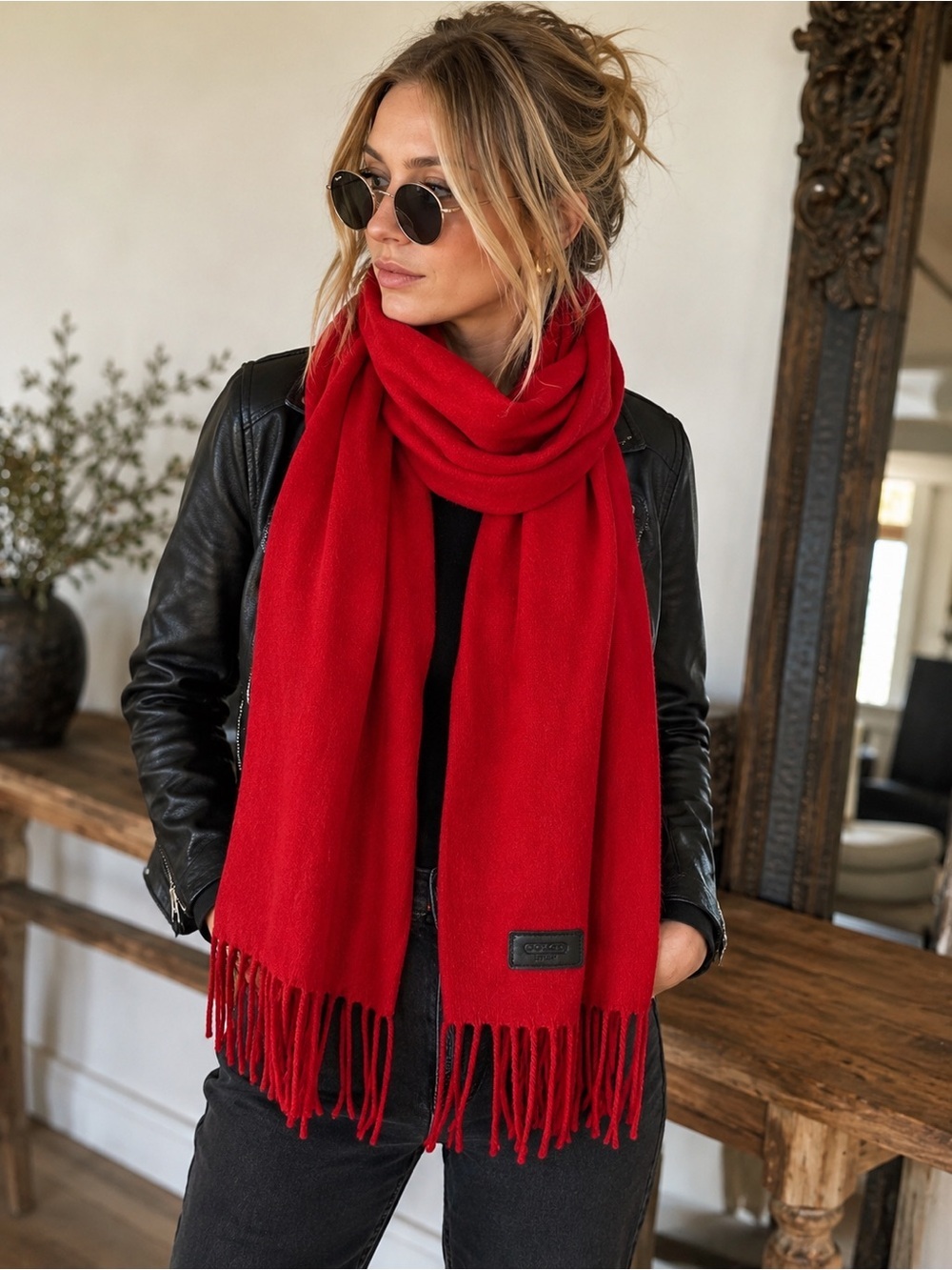 Coach Red Wool Fringe Scarf with Black Leather Logo Patch | Classic Winter Wrap